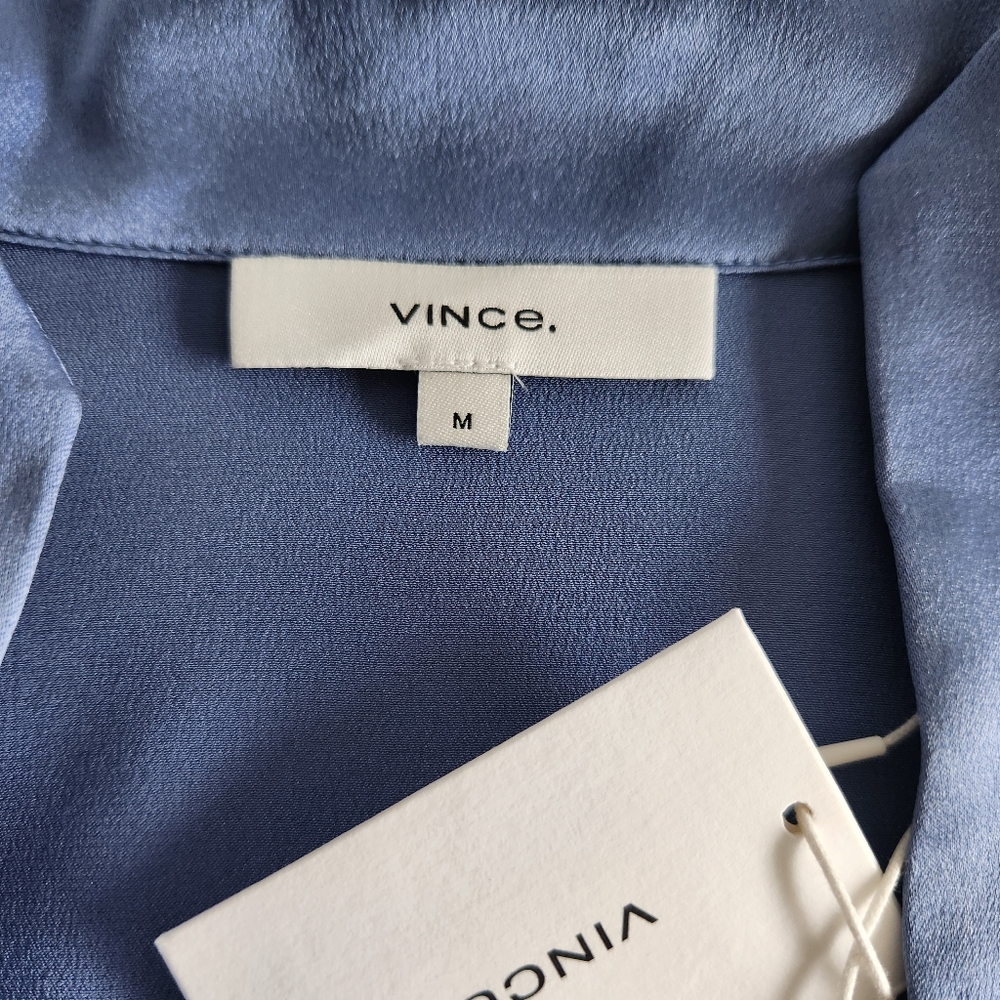 Vince Silk Long Sleeve Blouse Size Medium Coastal Blue New With Tags Retail $375 - Picture 9 of 12